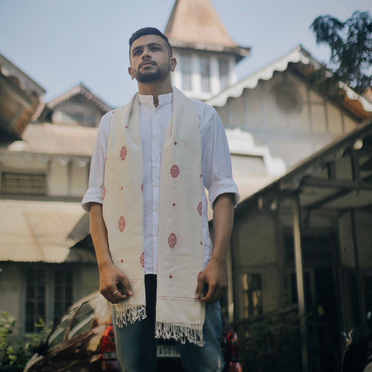 Pearl White Phoolam Pattern Cotton Stole - NEST by Arpit Agarwal