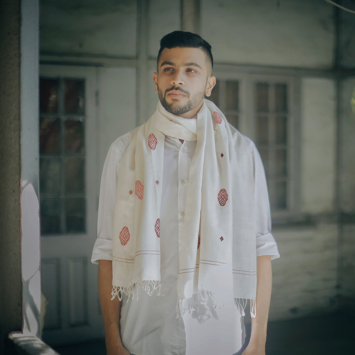 Pearl White Phoolam Pattern Cotton Stole - NEST by Arpit Agarwal