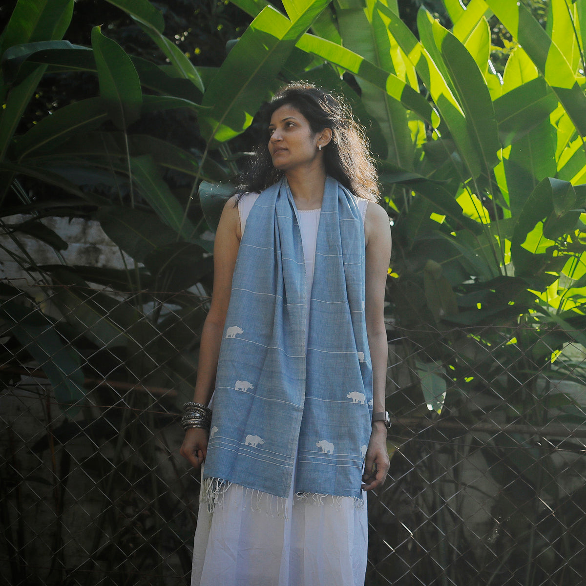 Sky Blue Rhino Pattern Cotton Stole - NEST by Arpit Agarwal