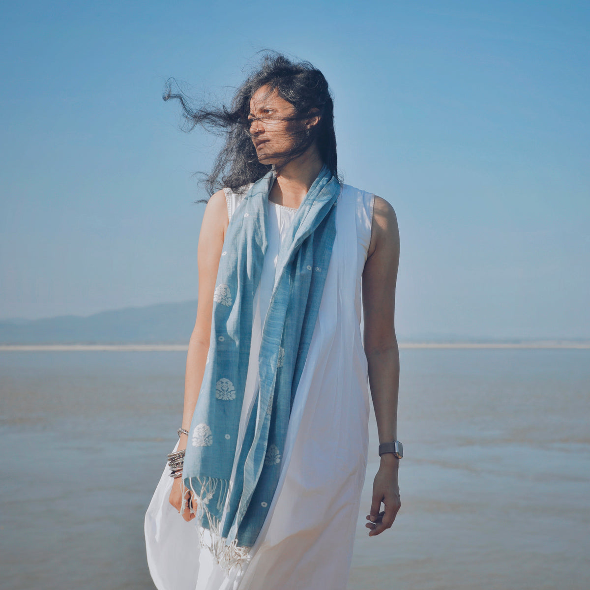 Sky Blue Ranghar Pattern Cotton Stole - NEST by Arpit Agarwal