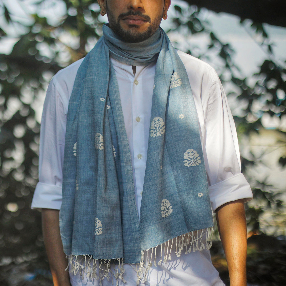 Sky Blue Ranghar Pattern Cotton Stole - NEST by Arpit Agarwal