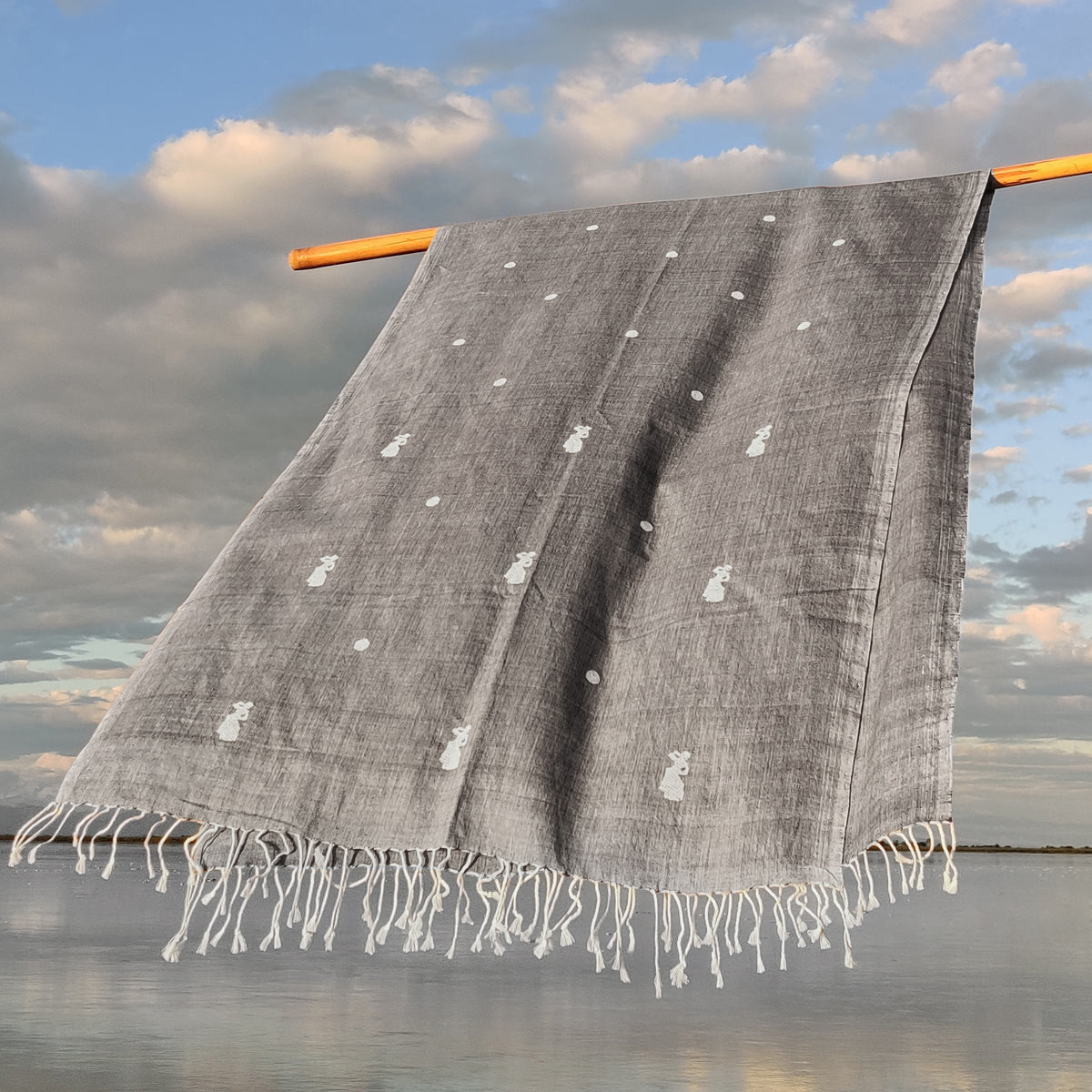 Melange Grey Bihu Pattern Cotton Stole - NEST by Arpit Agarwal