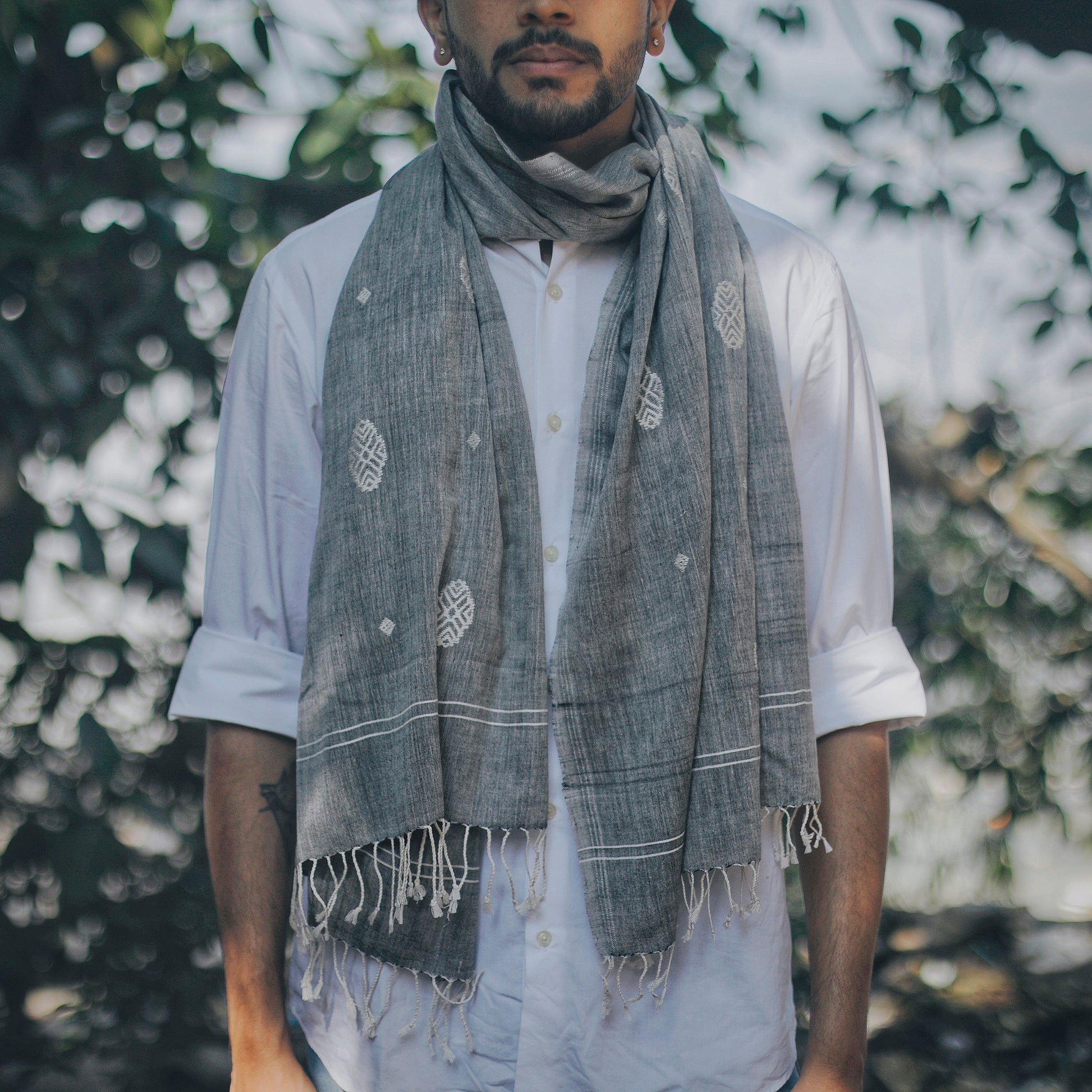 Melange Grey Phoolam Pattern Cotton Stole