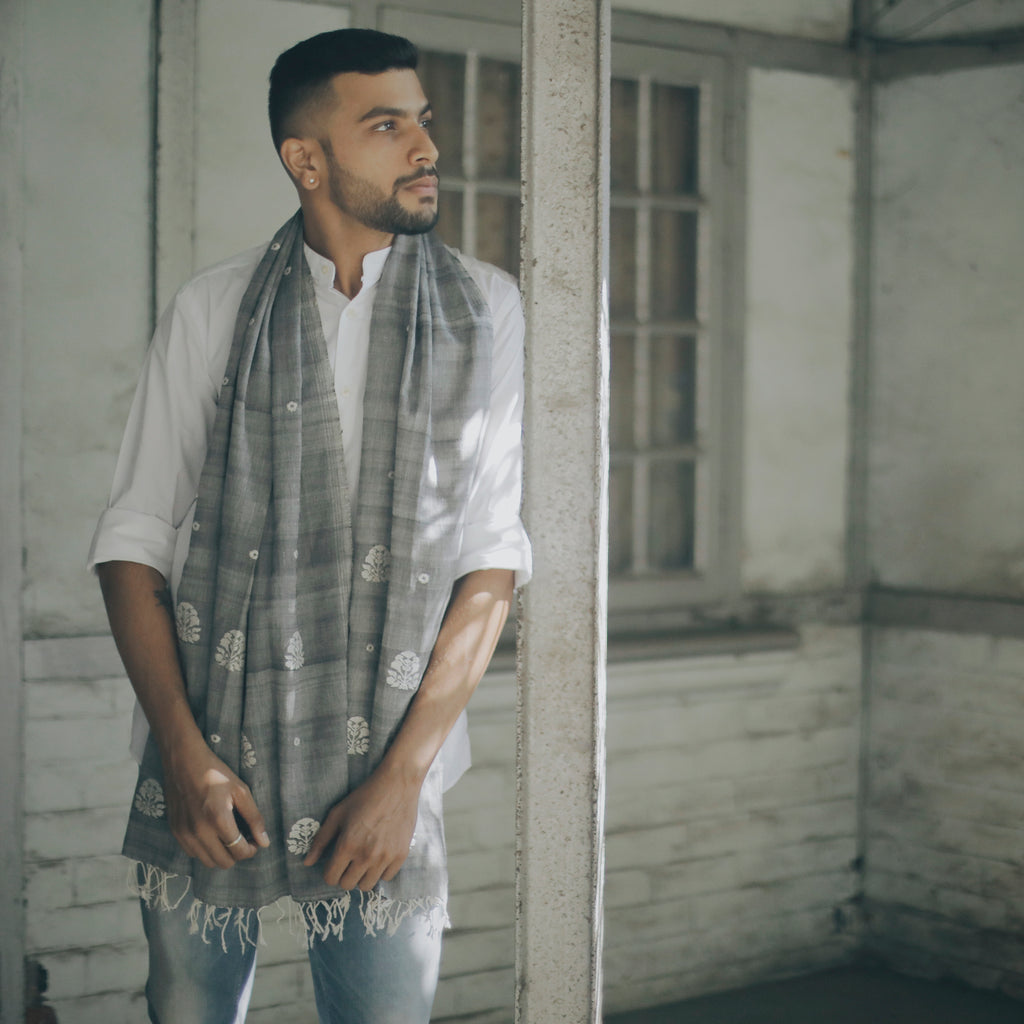 Melange Grey Ranghar Pattern Cotton Stole