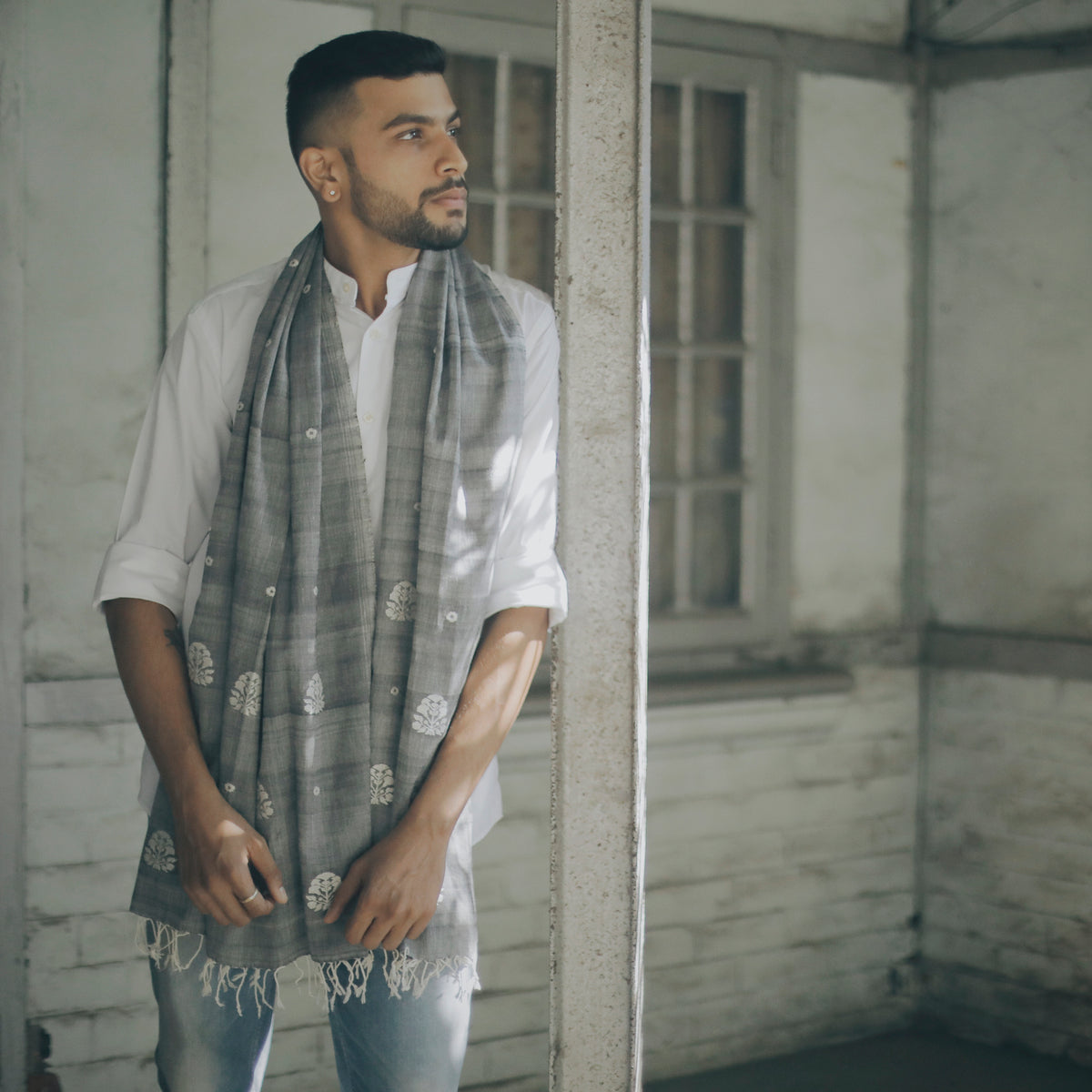 Melange Grey Ranghar Pattern Cotton Stole - NEST by Arpit Agarwal