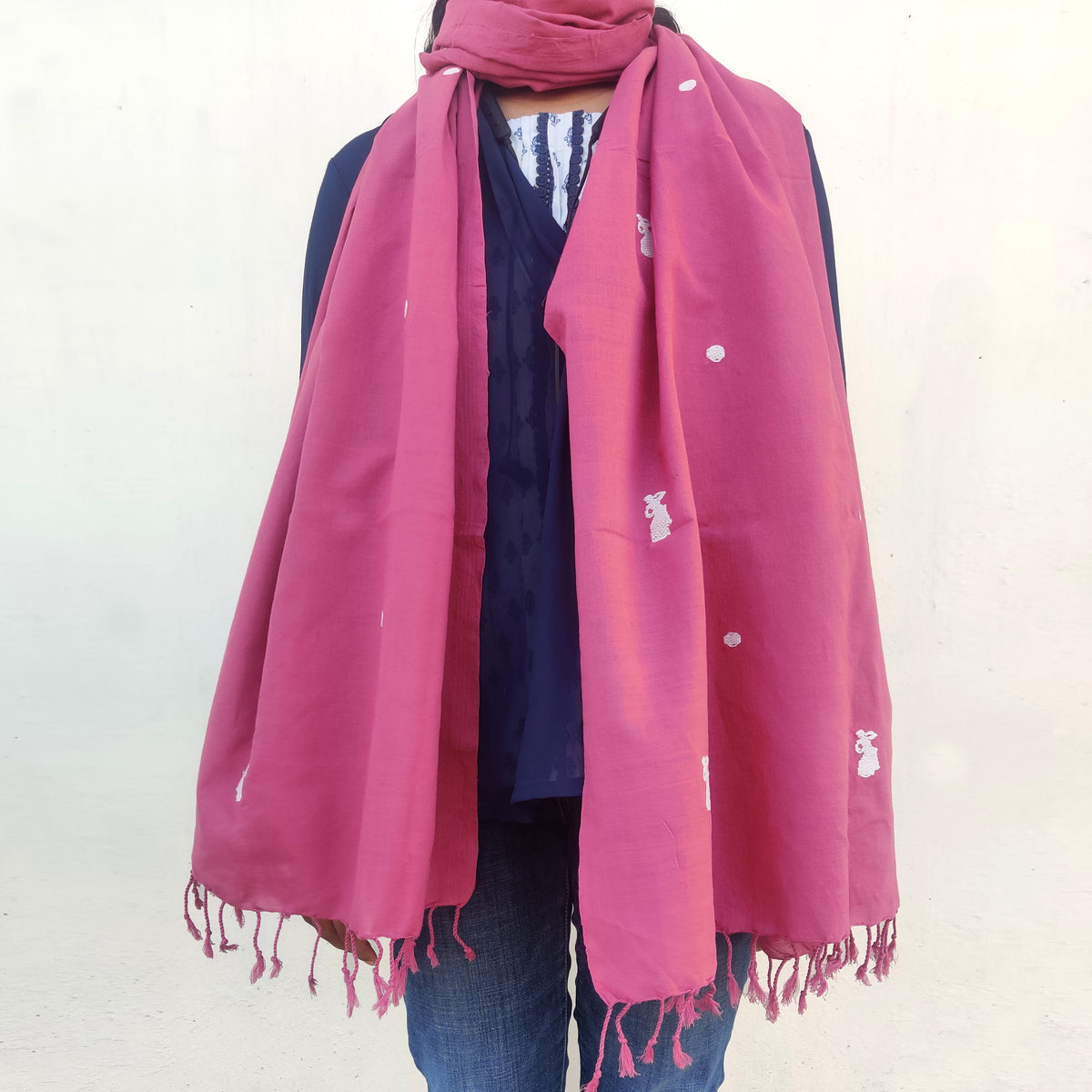 Rouge Pink Bihu Pattern Cotton Stole - NEST by Arpit Agarwal