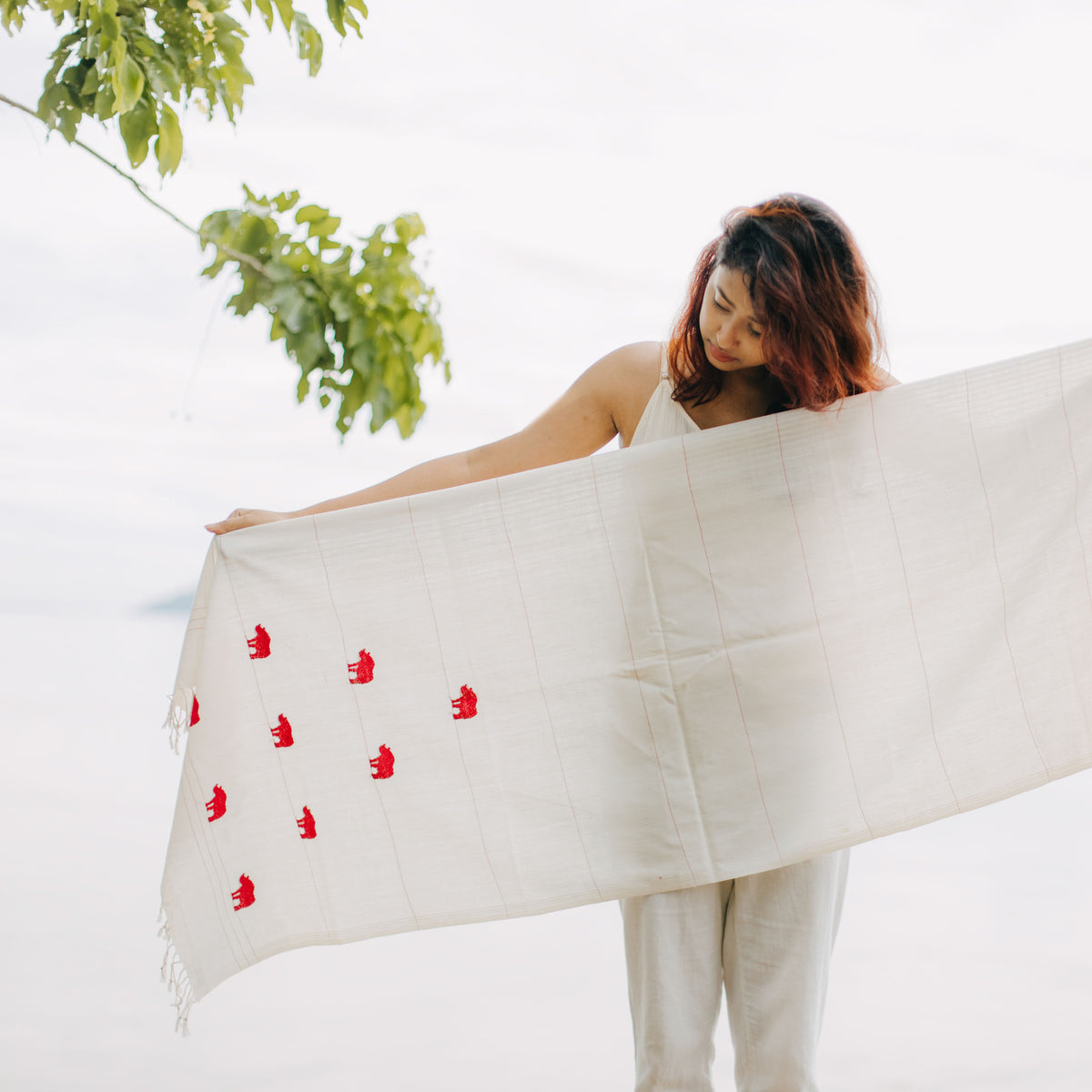 Pearl White Rhino Pattern Cotton Stole - NEST by Arpit Agarwal