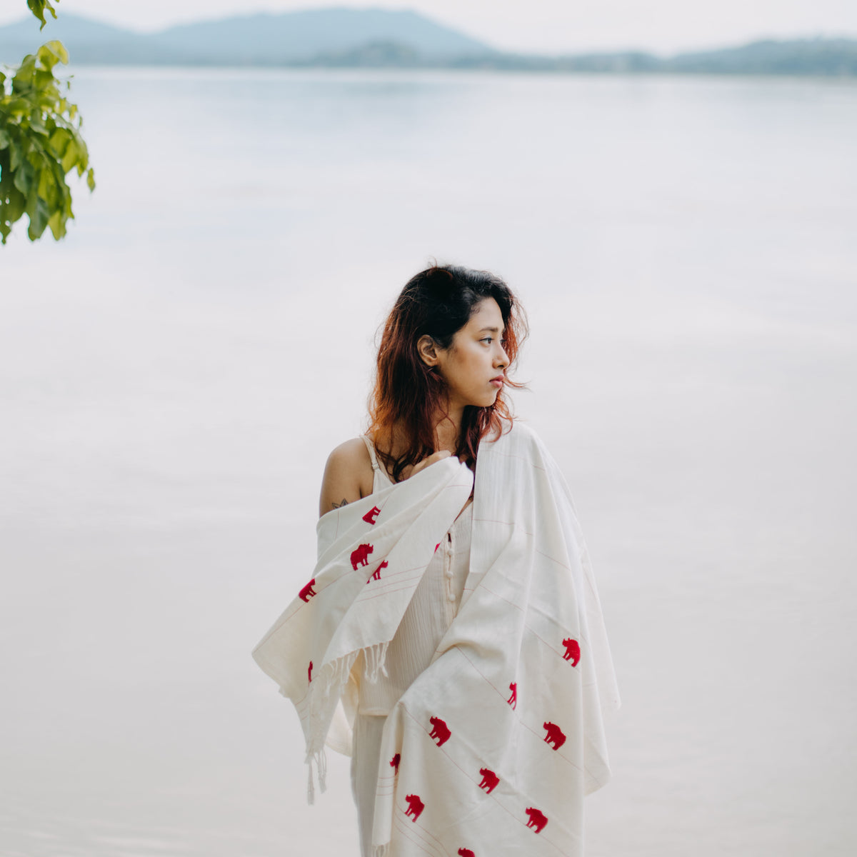 Pearl White Rhino Pattern Cotton Stole - NEST by Arpit Agarwal